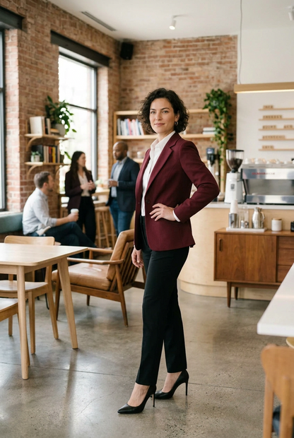 A woman in a burgundy blazer, white shirt, and black trousers walks through a modern coffee shop holding a smartphone.