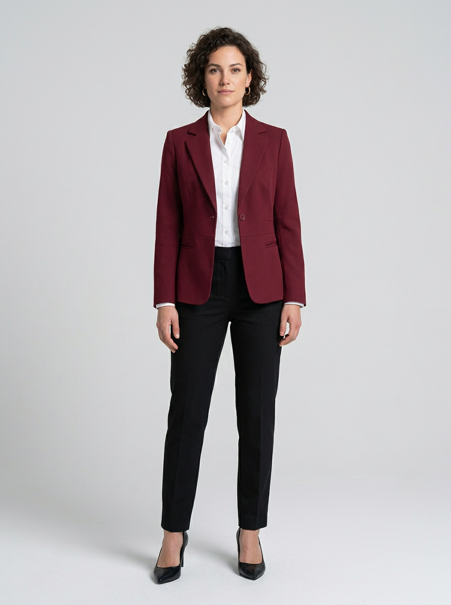 A woman stands against a light gray studio background wearing a tailored burgundy blazer over a white collared shirt, black trousers, and black heels.