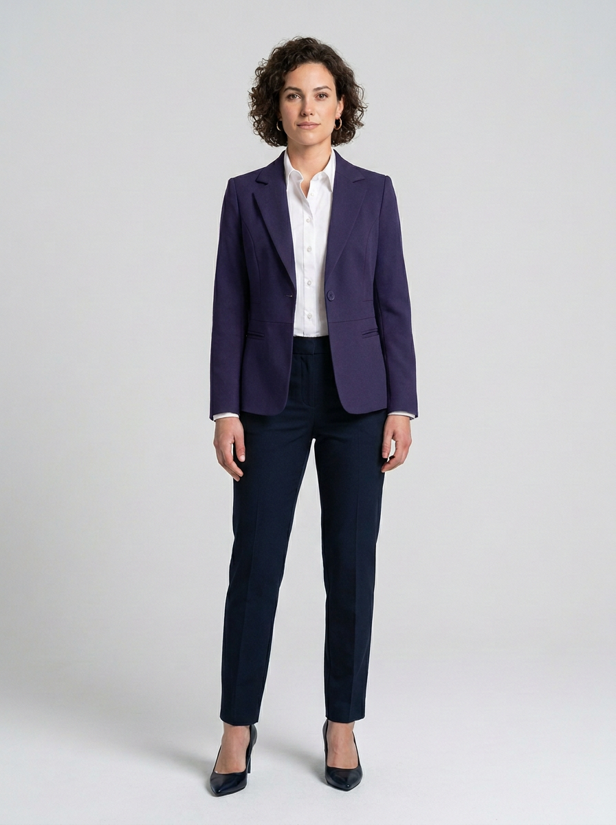 A woman stands against a light gray studio background wearing a tailored navy blazer over a white collared shirt with dark navy trousers and black heels.