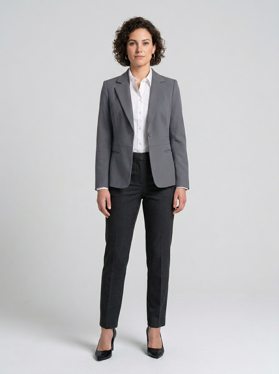 A woman modeling a tailored gray blazer with a white button-up shirt, dark charcoal trousers, and black heels against a light gray studio background.