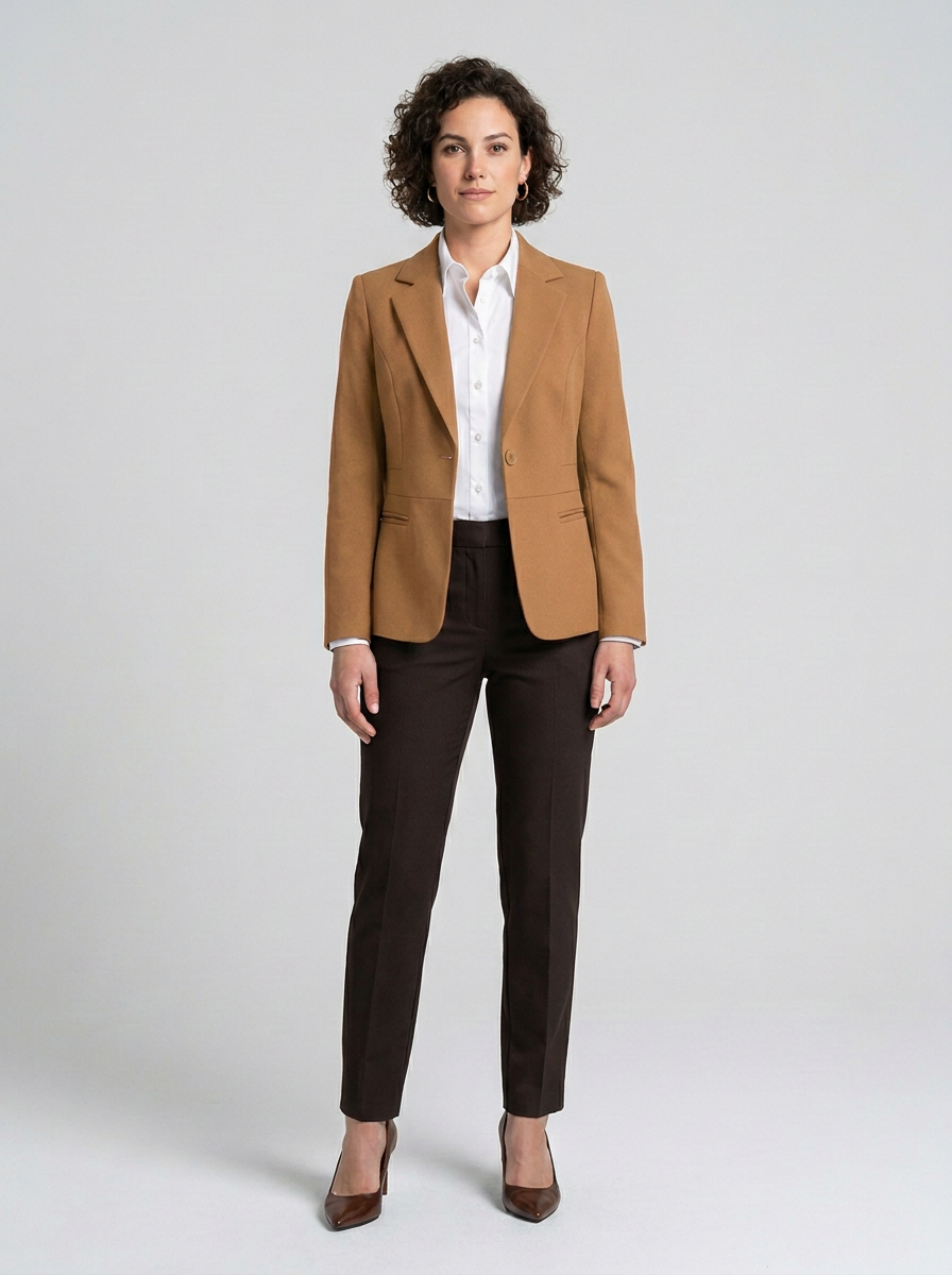 A woman stands against a light gray studio background wearing a camel blazer over a white collared shirt, dark brown trousers, and brown pointed-toe heels.