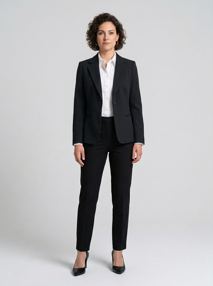 A woman modeling a black tailored blazer and matching trousers with a white collared shirt and black heels, photographed against a light gray studio background.