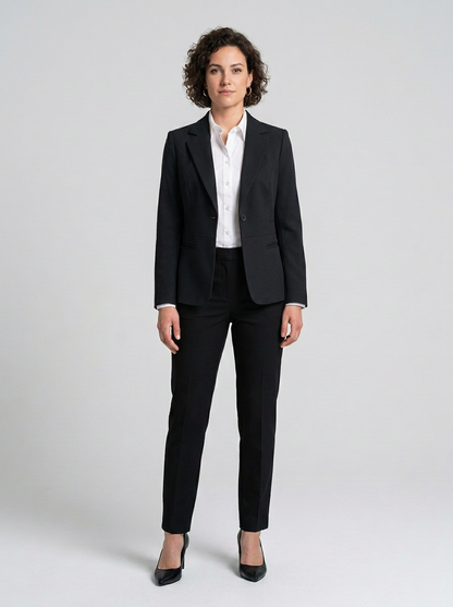 A woman modeling a black tailored blazer and matching trousers with a white collared shirt and black heels, photographed against a light gray studio background.