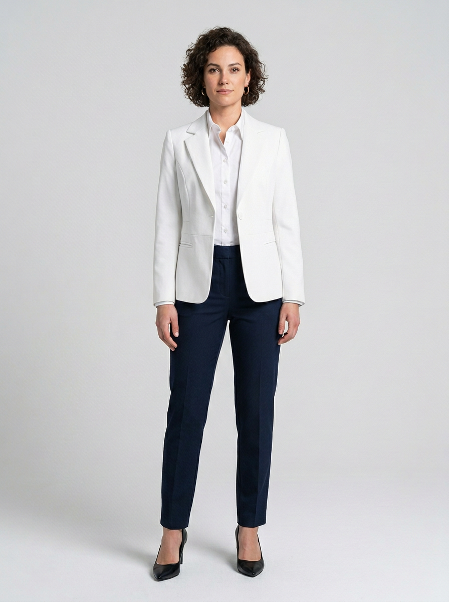 A woman stands against a light gray studio background wearing a white blazer over a white collared shirt, navy blue pants, and black pointed heels.