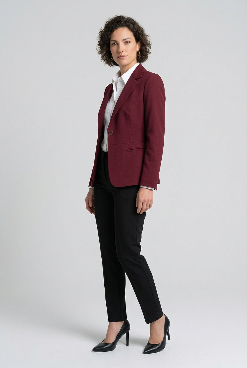 A woman stands against a light gray studio background wearing a tailored burgundy blazer over a white collared shirt, black trousers, and black heels.