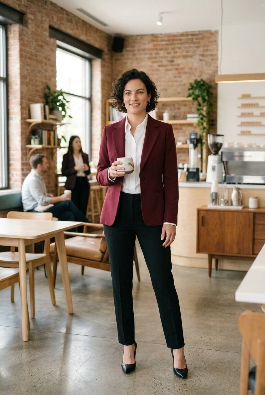 A woman in a burgundy blazer, white shirt, and black trousers walks through a modern coffee shop holding a smartphone.