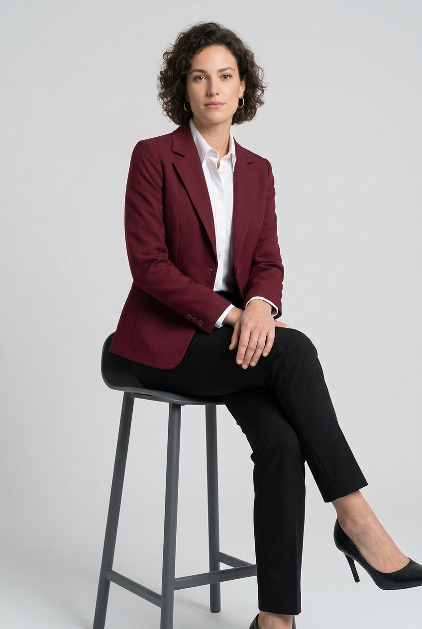 A woman stands against a light gray studio background wearing a tailored burgundy blazer over a white collared shirt, black trousers, and black heels.