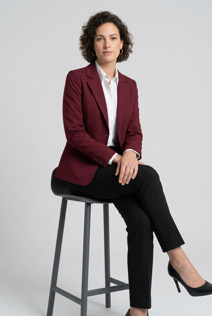 A woman stands against a light gray studio background wearing a tailored burgundy blazer over a white collared shirt, black trousers, and black heels.