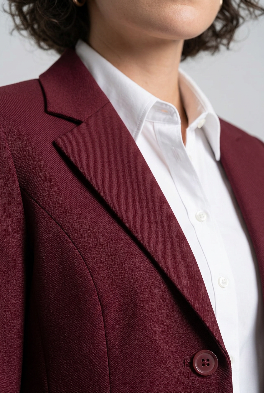 A woman stands against a light gray studio background wearing a tailored burgundy blazer over a white collared shirt, black trousers, and black heels.