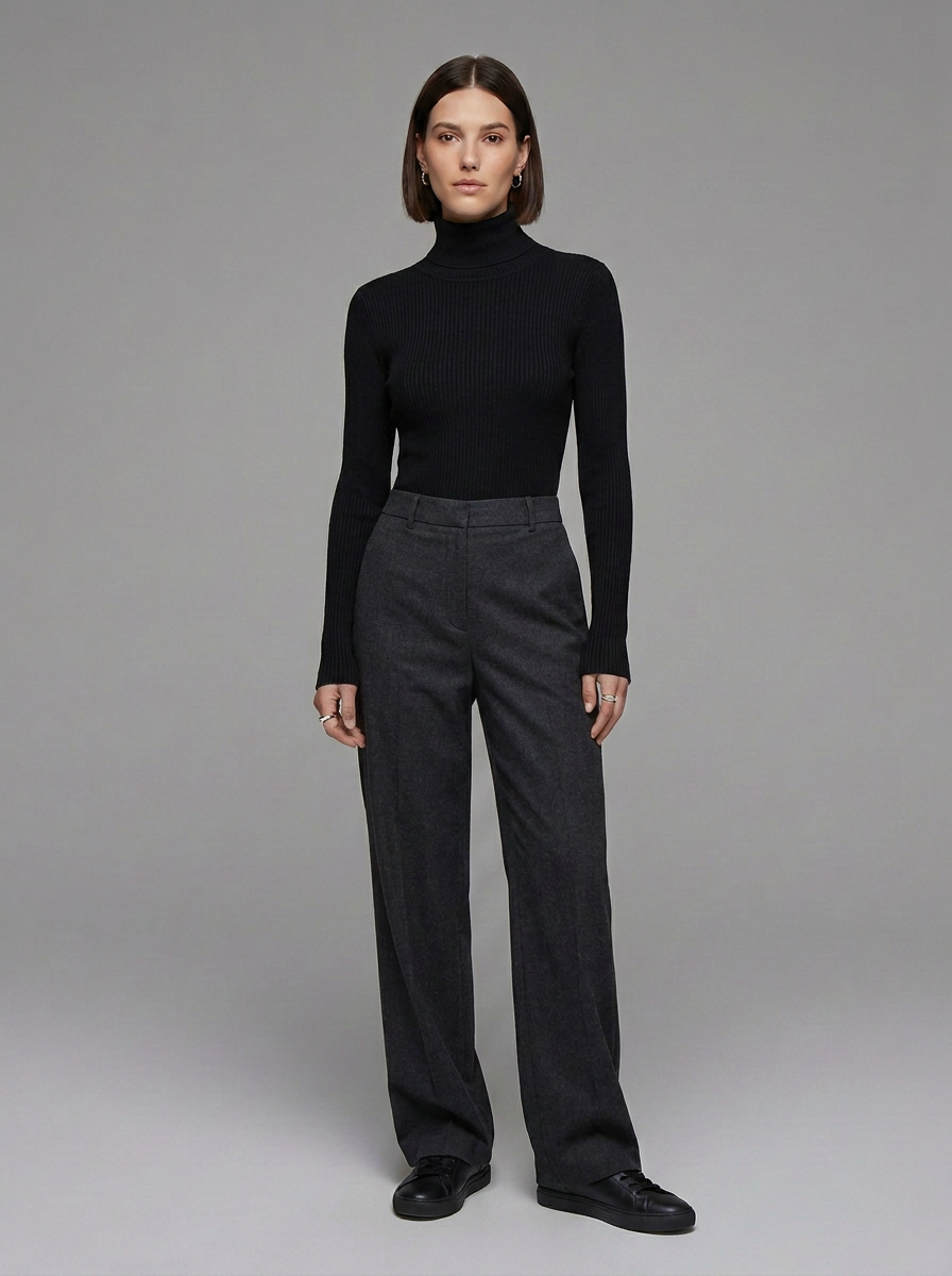 A model stands against a neutral gray studio background wearing a black ribbed turtleneck sweater, dark charcoal gray wide-leg trousers, and black leather shoes.
