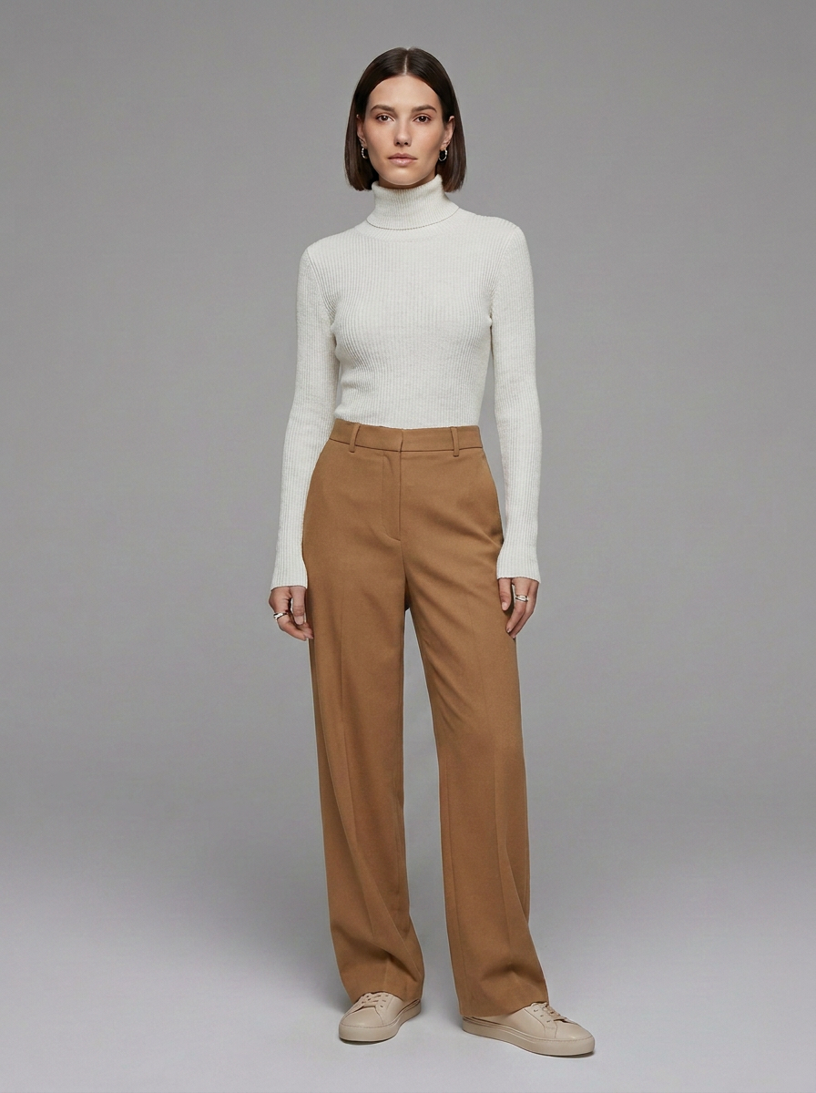 Slim Fit Turtleneck Cashmere Knit Pullover Sweater in White, studio shot