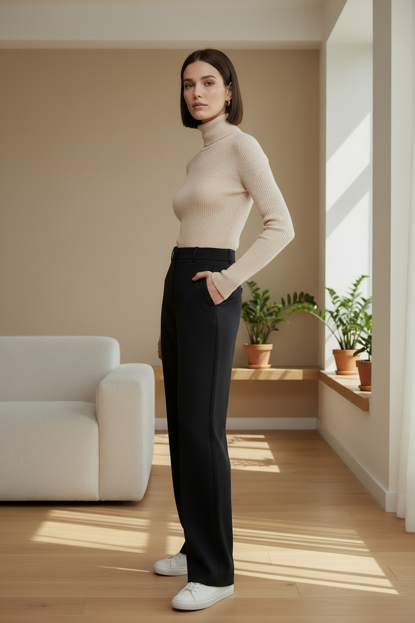 A woman stands in a sunlit minimalist room wearing a fitted beige turtleneck sweater, black wide-leg trousers, and white sneakers.
