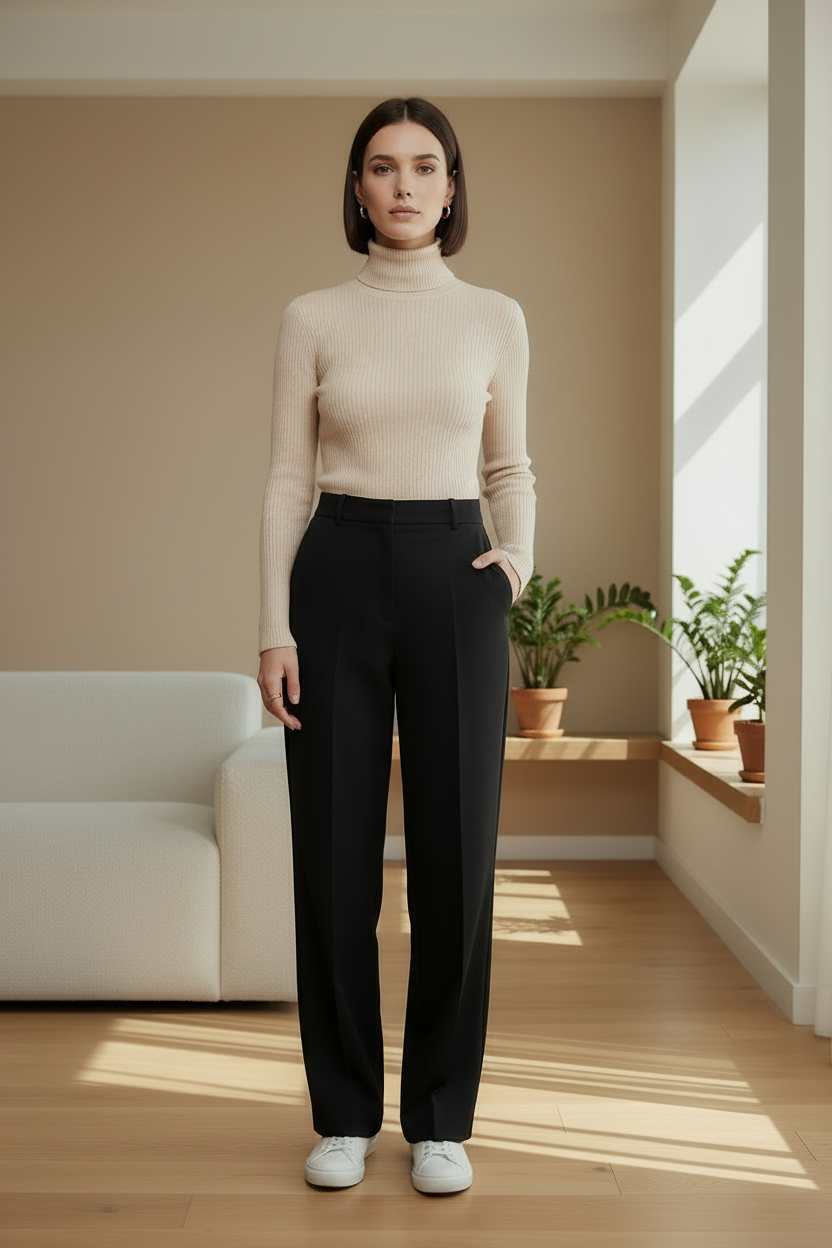 A woman stands in a bright, modern room wearing a beige ribbed turtleneck sweater, black high-waisted trousers, and white sneakers.