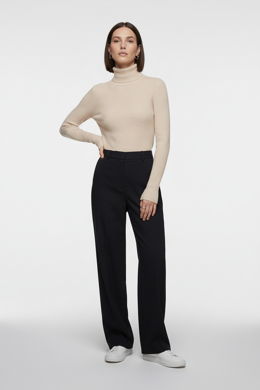 A model stands against a light gray studio background wearing a beige ribbed turtleneck sweater, black wide-leg trousers, and white sneakers.