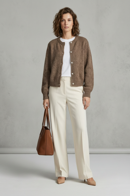 A woman stands barefoot against a light gray textured studio wall, wearing a brown fuzzy button-front cardigan over a white top and off-white wide-leg trousers, while holding a brown leather tote bag. Add perfect shoes