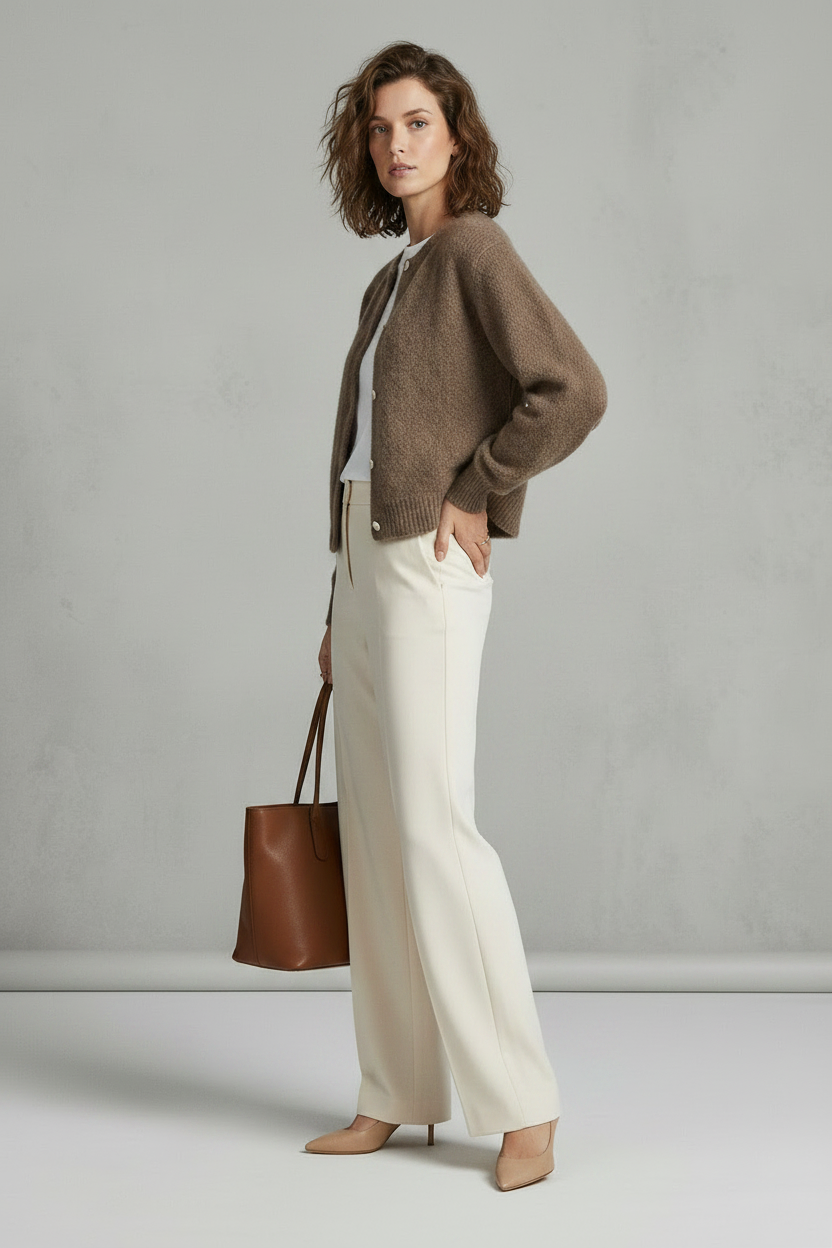 A woman stands barefoot against a light gray textured studio wall, wearing a brown fuzzy button-front cardigan over a white top and off-white wide-leg trousers, while holding a brown leather tote bag.