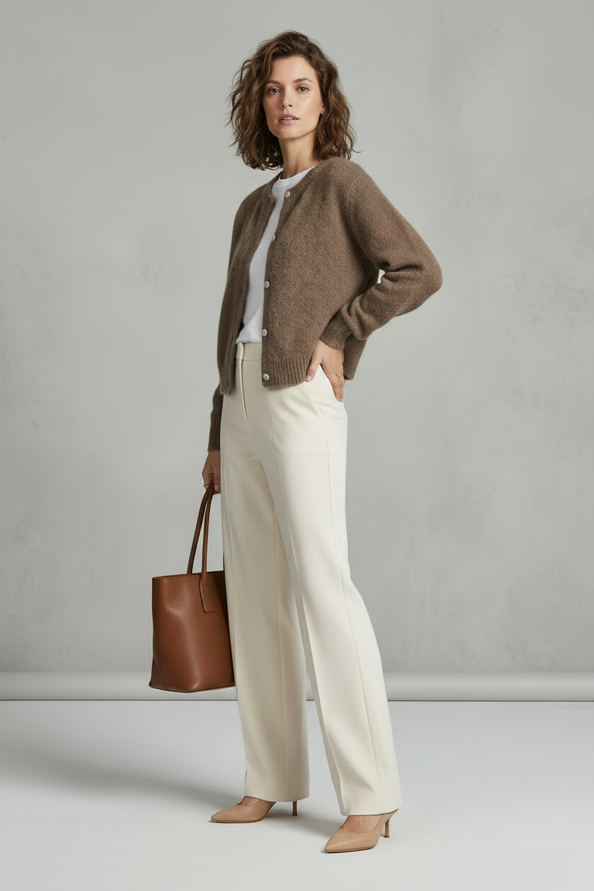 A woman stands barefoot against a light gray textured studio wall, wearing a brown fuzzy button-front cardigan over a white top and off-white wide-leg trousers, while holding a brown leather tote bag.