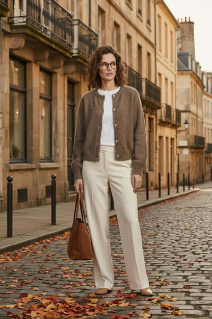 A woman stands on a cobblestone street lined with historic buildings, wearing a brown knit cardigan over a white top and cream wide-leg trousers, while holding a brown tote bag.