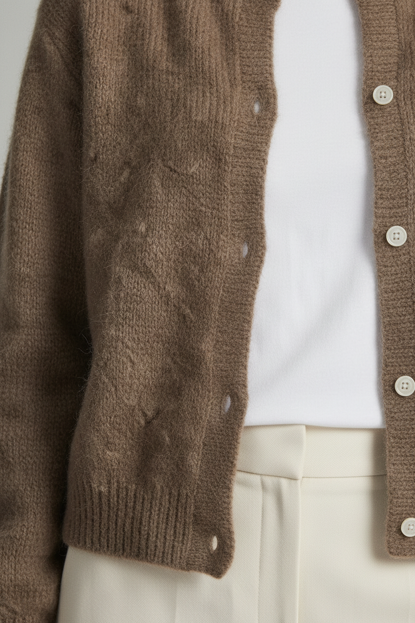 A woman stands barefoot against a light gray textured studio wall, wearing a brown fuzzy button-front cardigan over a white top and off-white wide-leg trousers, while holding a brown leather tote bag.