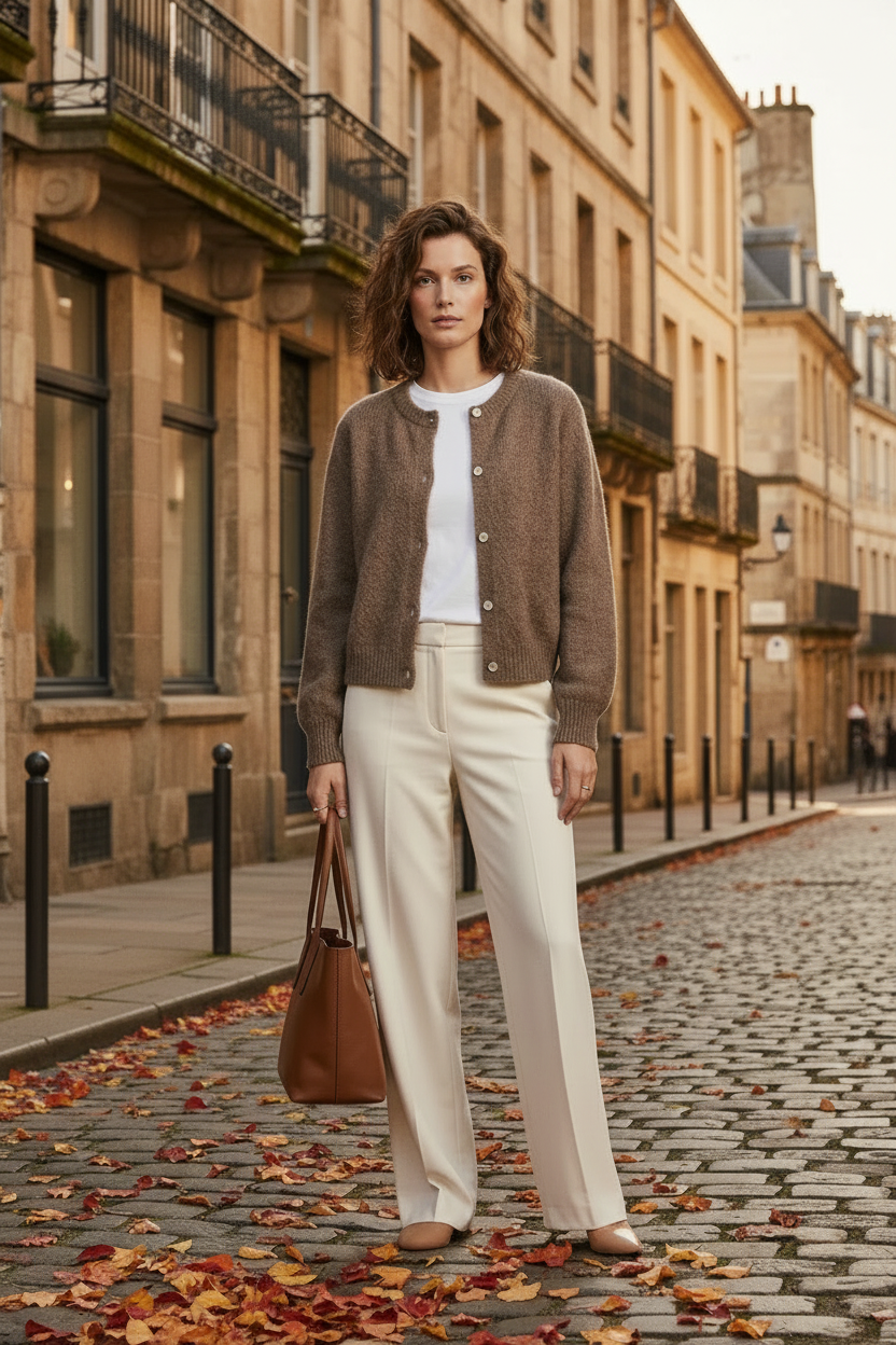 A woman stands barefoot against a light gray textured studio wall, wearing a brown fuzzy button-front cardigan over a white top and off-white wide-leg trousers, while holding a brown leather tote bag.