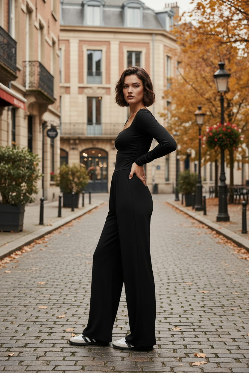 A woman stands on a cobblestone street in a city, wearing a fitted black long-sleeve jumpsuit with wide legs and white sneakers. The background shows classic European-style buildings, autumn trees with yellow leaves, and street lamps.