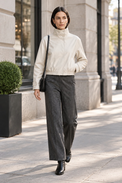 A model stands against a light studio background wearing a cream high-collar jacket, dark gray wide-leg trousers, black shoes, and carrying a small black shoulder bag.