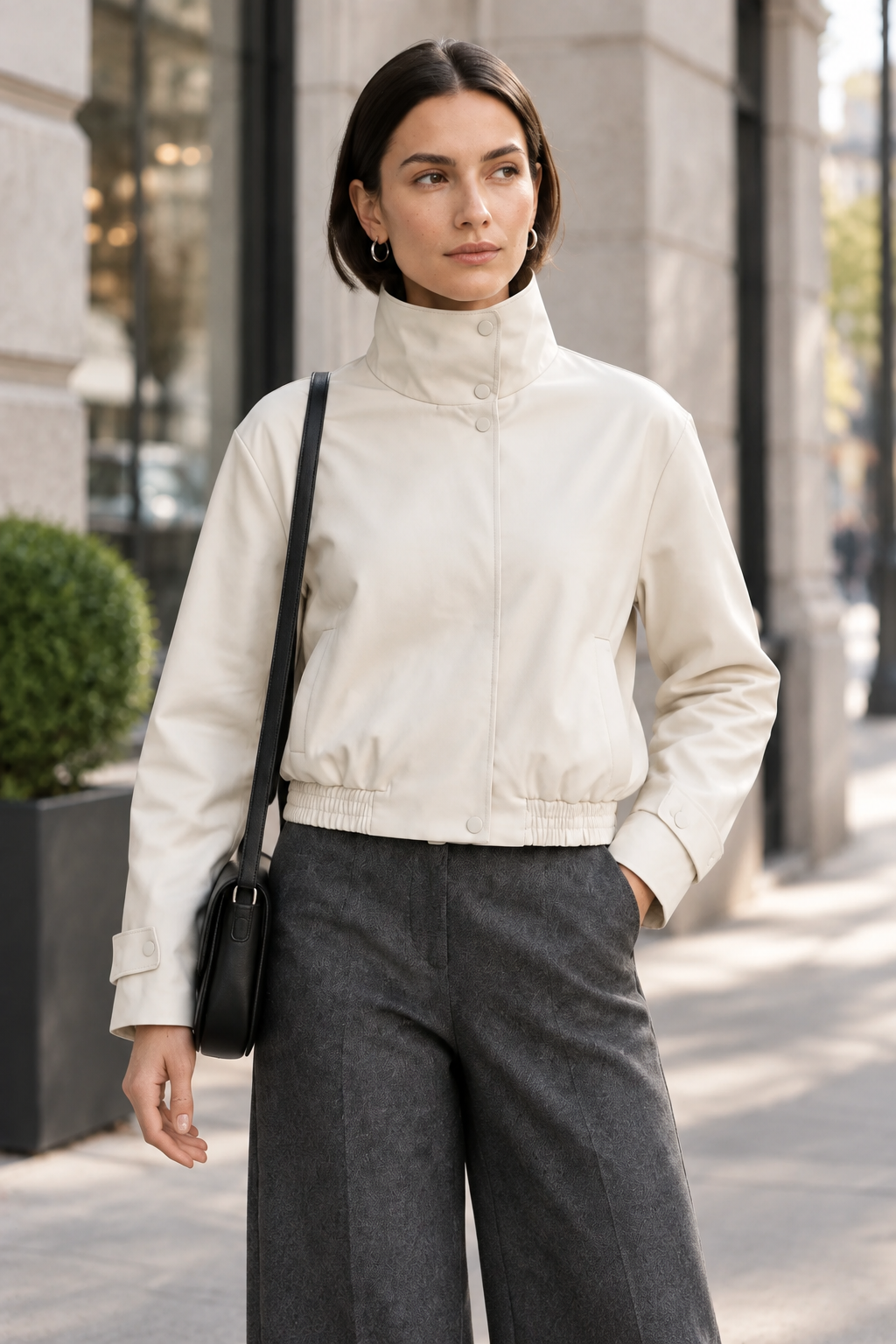 A woman walking on a city sidewalk wearing a cream zip-front jacket, dark gray wide-leg trousers, black ankle boots, and carrying a black shoulder bag.