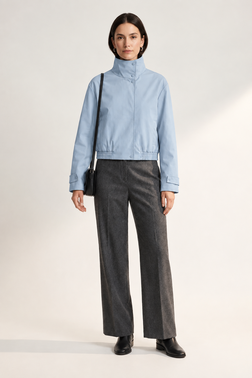 Stand Collar Cropped Bomber Jacket with Elasticated Hem in Light Blue, studio shot