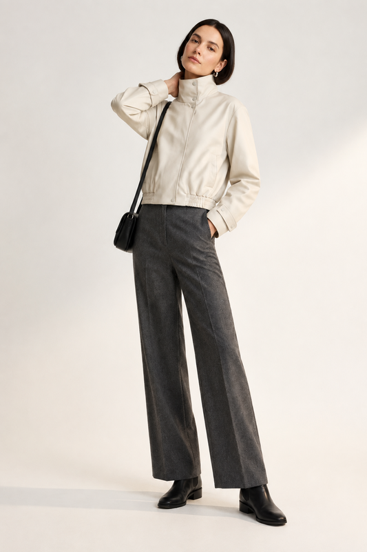 A model stands against a light studio background wearing a cream high-collar jacket, dark gray wide-leg trousers, black shoes, and carrying a small black shoulder bag.