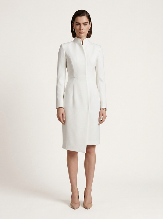 A woman modeling a white long-sleeve knee-length dress with a structured high stand collar and front zipper, photographed against a plain light beige studio background.