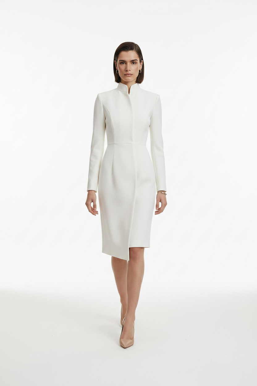 A model wearing a structured white long-sleeve midi dress with a high mock neck and asymmetrical hem, paired with beige pointed-toe heels, against a seamless white studio background.