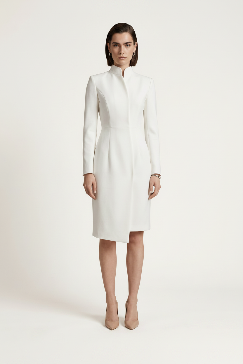 A woman modeling a white long-sleeve knee-length dress with a structured high stand collar and front zipper, photographed against a plain light beige studio background.