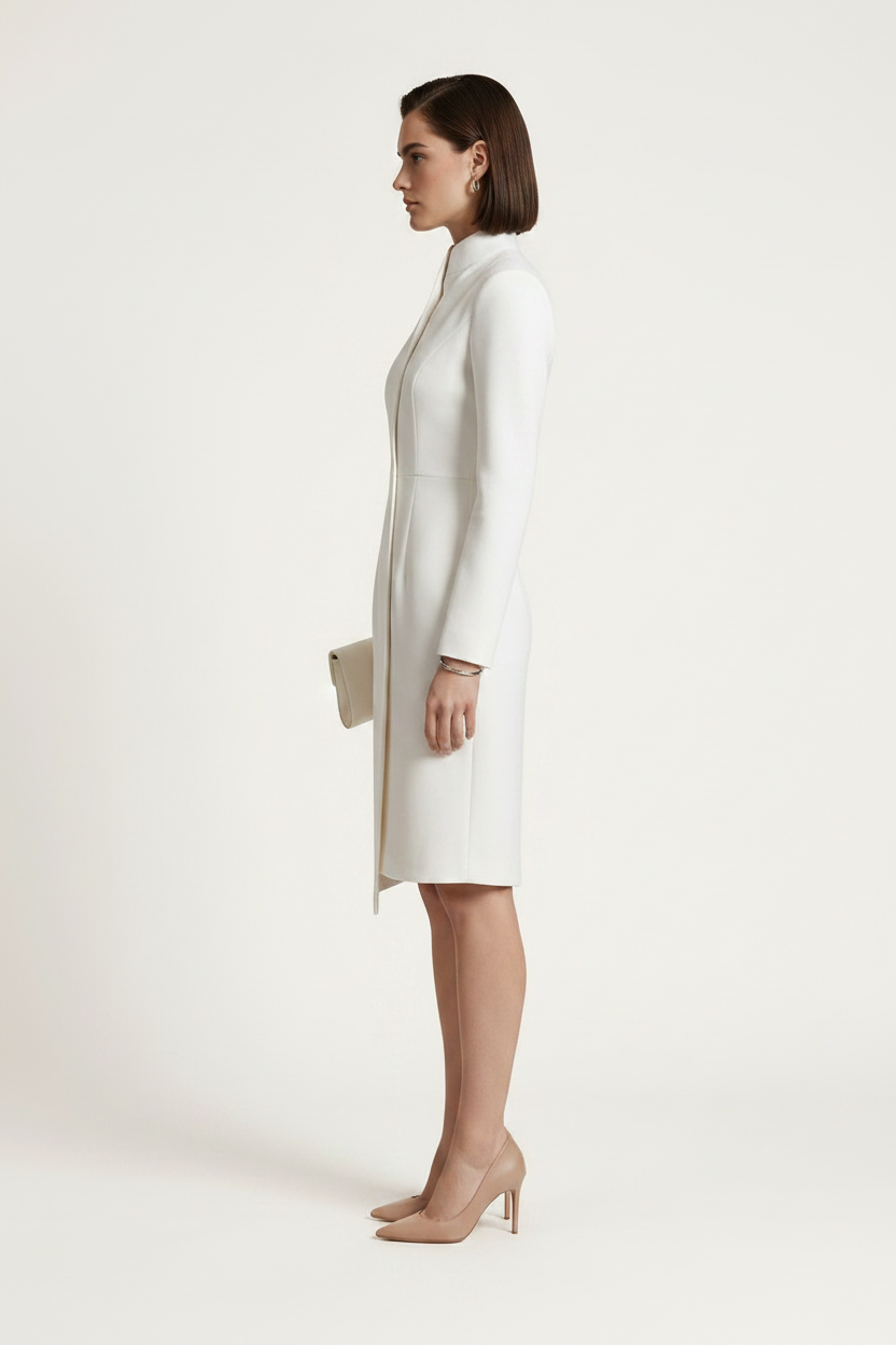 A woman modeling a white long-sleeve knee-length dress with a structured high stand collar and front zipper, photographed against a plain light beige studio background.