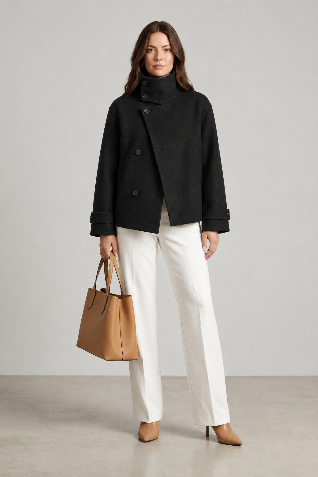 Stand Collar Short Woolen Jacket with Asymmetric Buttons in Black, studio shot