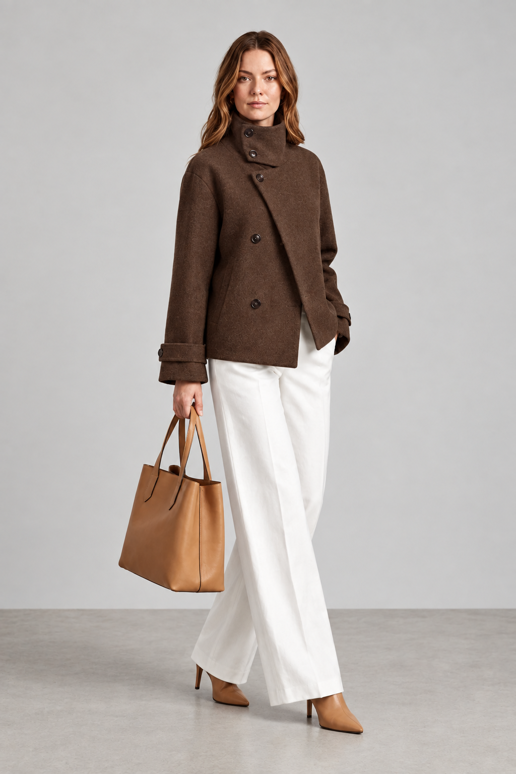 A woman stands in a studio wearing a brown asymmetrical double-breasted coat, white wide-leg trousers, tan heels, and holding a tan leather tote bag.