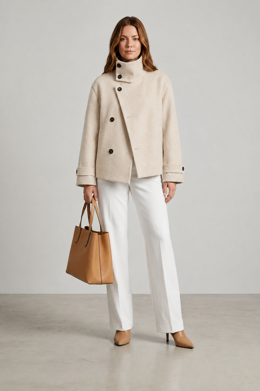 A woman models a beige high-neck, asymmetrical double-breasted coat paired with white trousers and a tan leather tote bag, set against a neutral studio background.