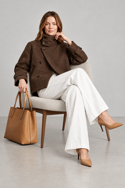 A woman stands in a studio wearing a brown asymmetrical double-breasted coat, white wide-leg trousers, tan heels, and holding a tan leather tote bag.