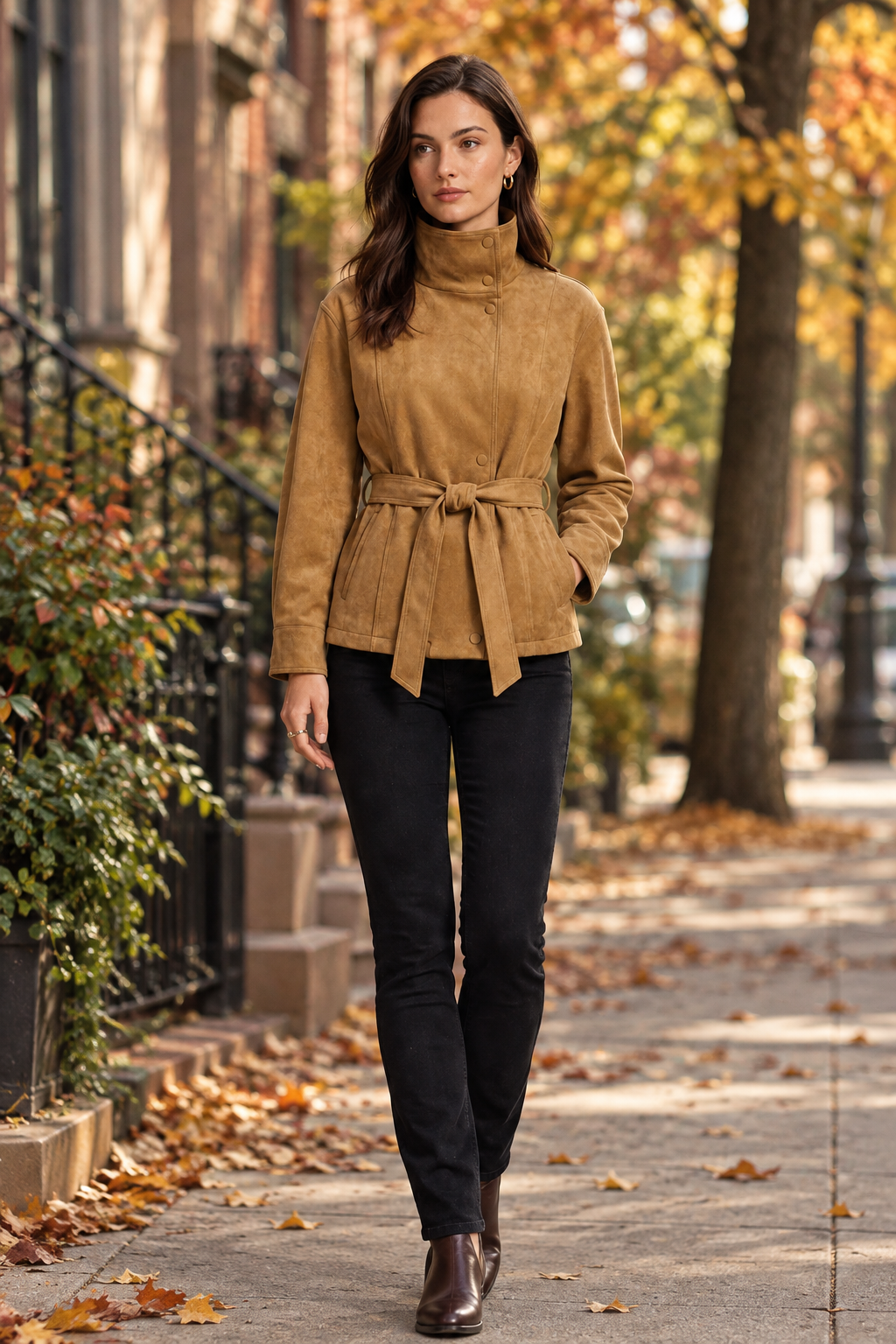 A woman modeling a tan suede belted jacket with a high mock neck, paired with black pants, against a plain off-white studio background.