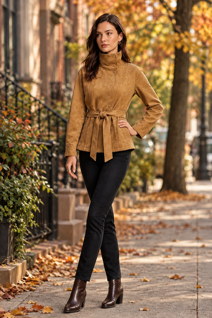 A woman walking on an autumn city sidewalk wearing a tan suede-like belted wrap top, black pants, and brown ankle boots.