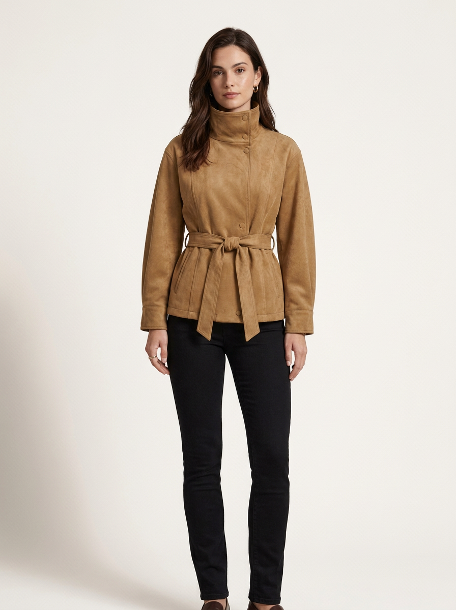 A woman modeling a tan suede belted jacket with a high mock neck, paired with black pants, against a plain off-white studio background.