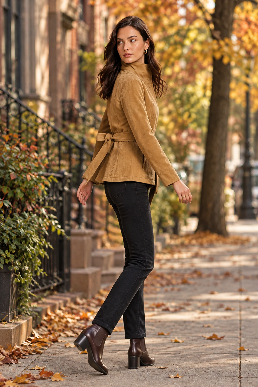 A woman walking on an autumn city sidewalk wearing a tan suede-like belted wrap top, black pants, and brown ankle boots.