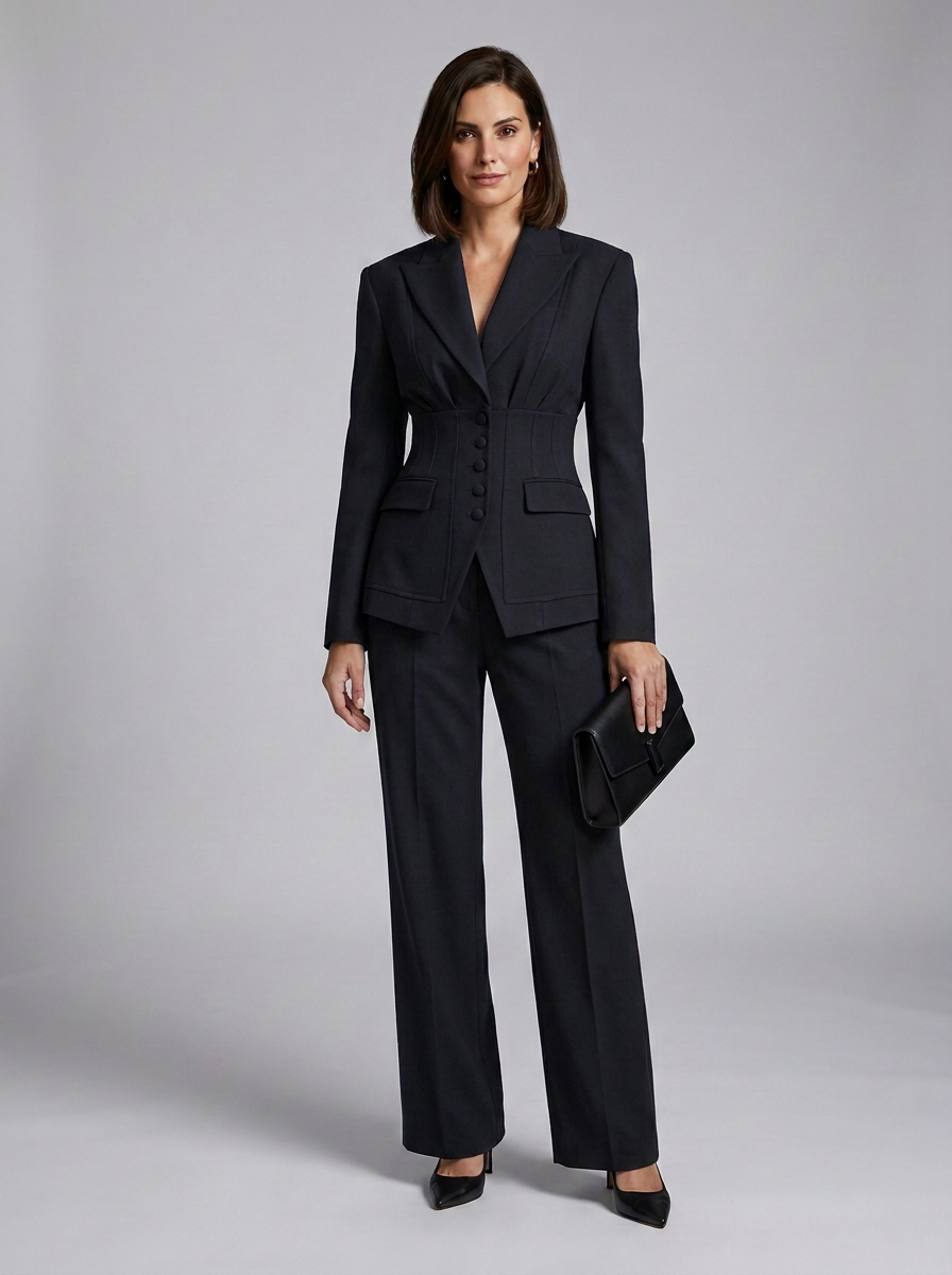 A woman modeling a tailored black two-piece suit with a structured blazer and wide-leg trousers, holding a black clutch against a light gray studio background.