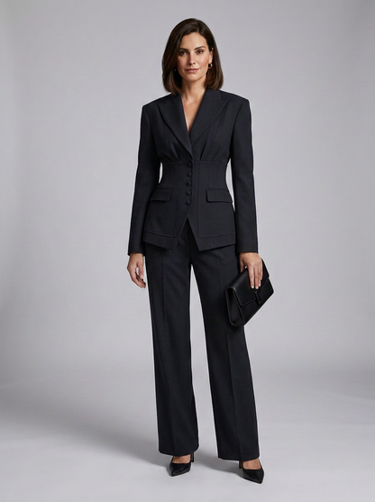 A woman modeling a tailored black two-piece suit with a structured blazer and wide-leg trousers, holding a black clutch against a light gray studio background.