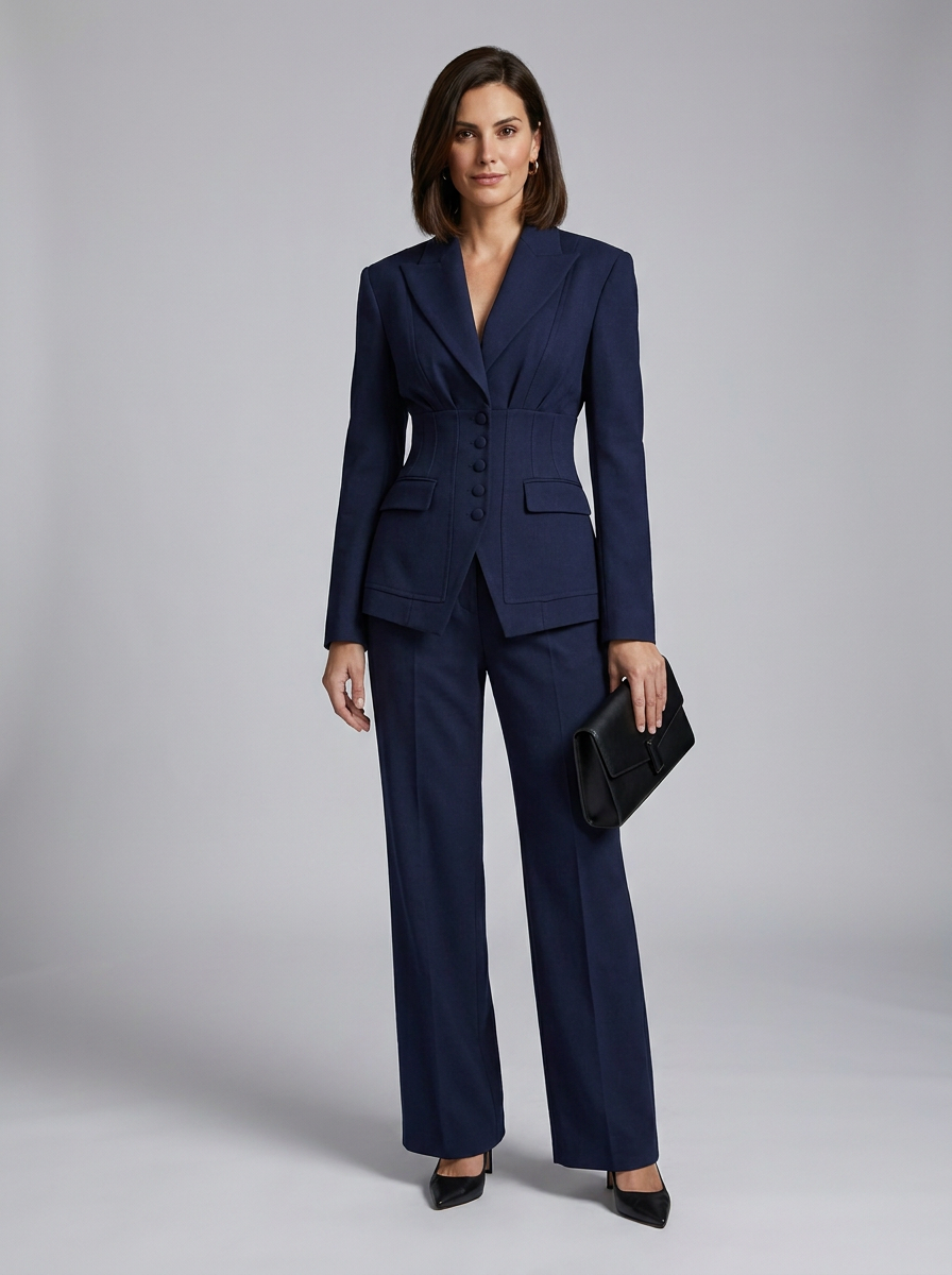 A woman models a navy blue tailored pantsuit with a structured blazer and wide-leg trousers, holding a black clutch against a light gray studio background.