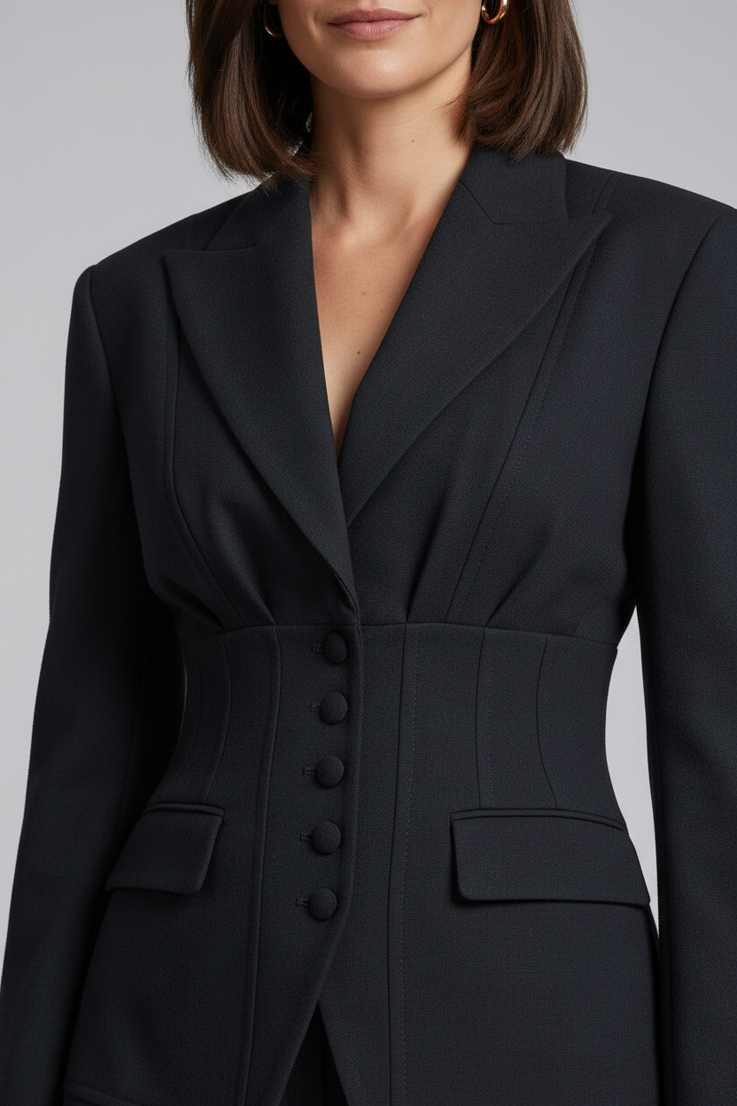 A woman modeling a tailored black two-piece suit with a structured blazer and wide-leg trousers, holding a black clutch against a light gray studio background.