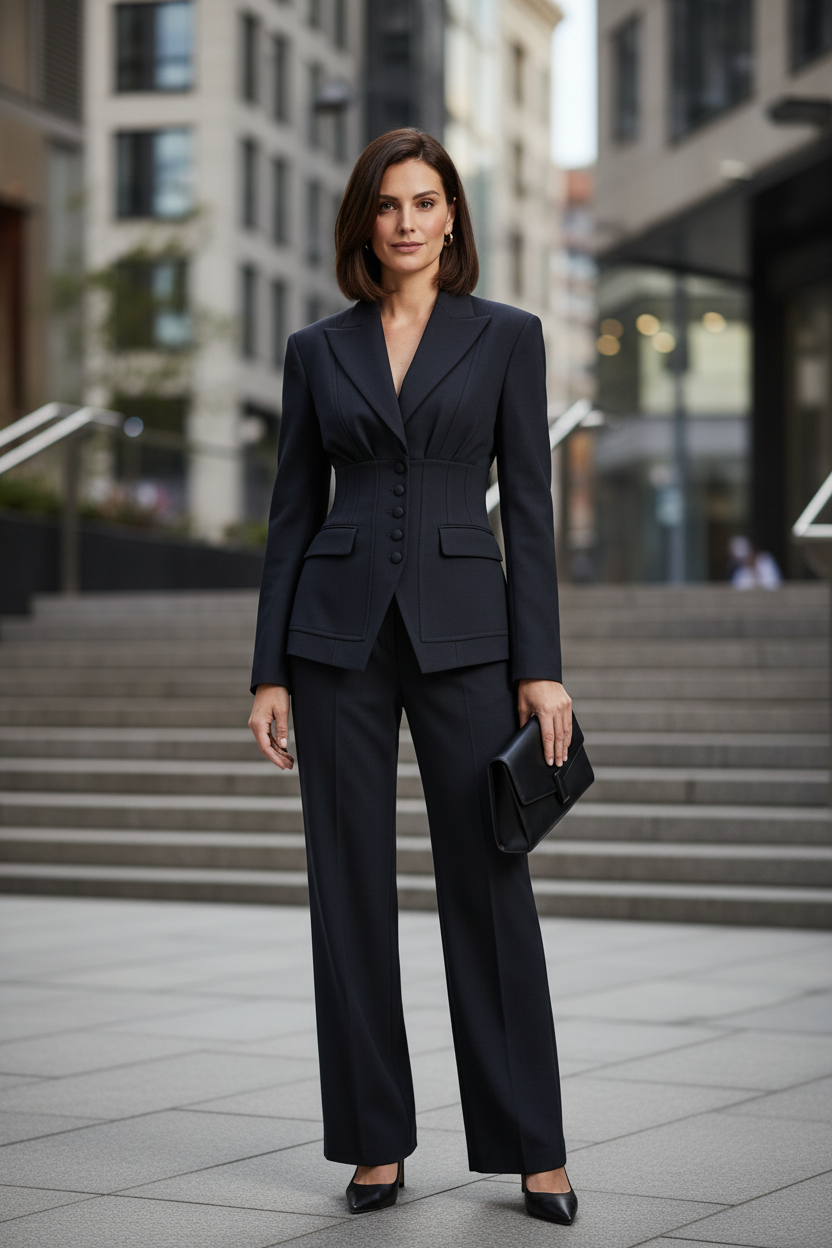 A woman modeling a tailored black two-piece suit with a structured blazer and wide-leg trousers, holding a black clutch against a light gray studio background.