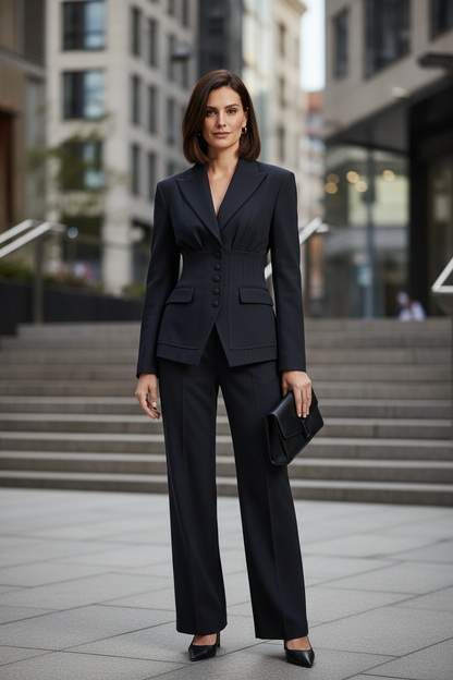 A woman modeling a tailored black two-piece suit with a structured blazer and wide-leg trousers, holding a black clutch against a light gray studio background.