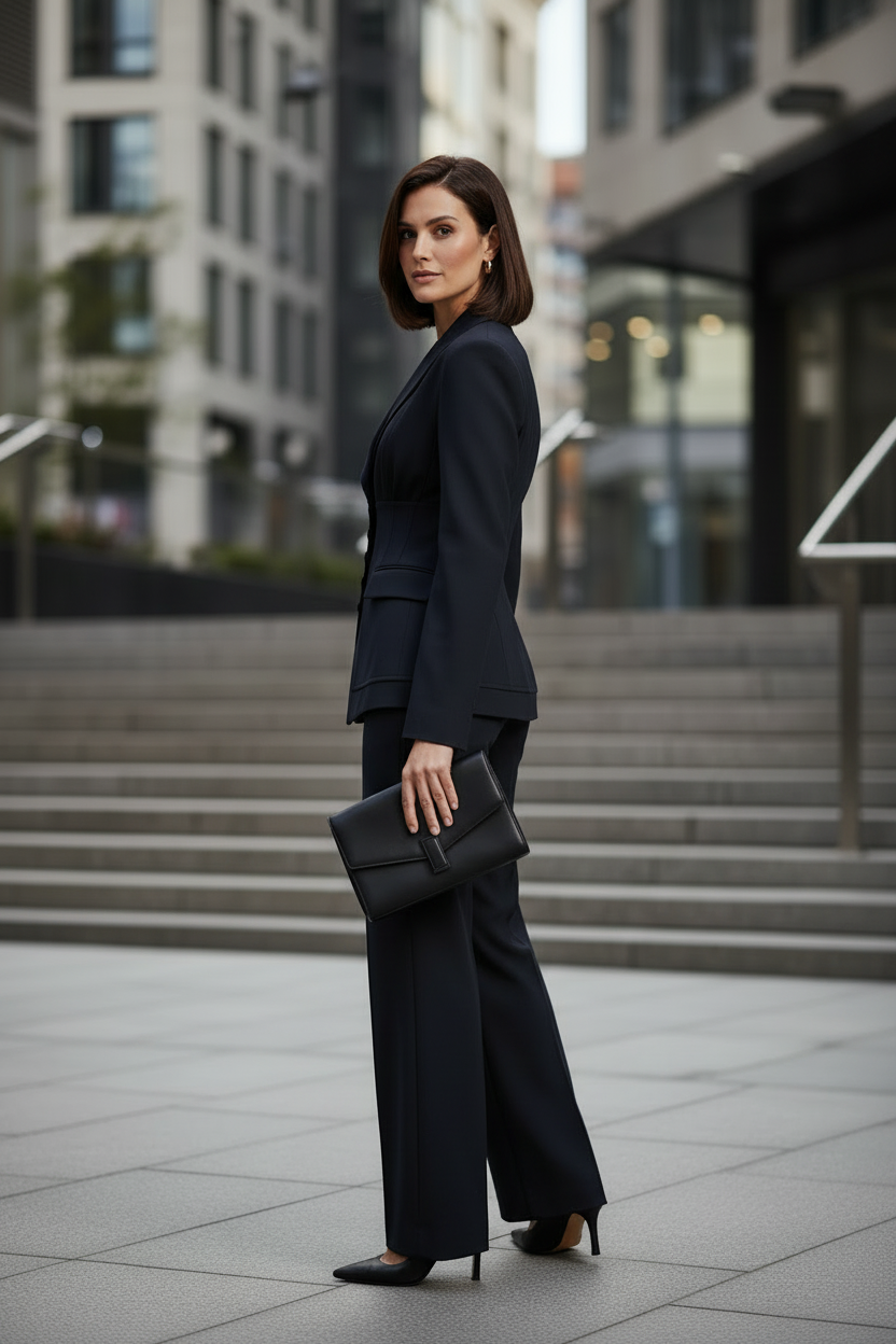 A woman stands on outdoor city steps wearing a tailored black tailored suit with a structured blazer and wide-leg trousers, holding a black clutch.
