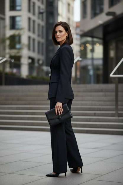 A woman stands on outdoor city steps wearing a tailored black tailored suit with a structured blazer and wide-leg trousers, holding a black clutch.