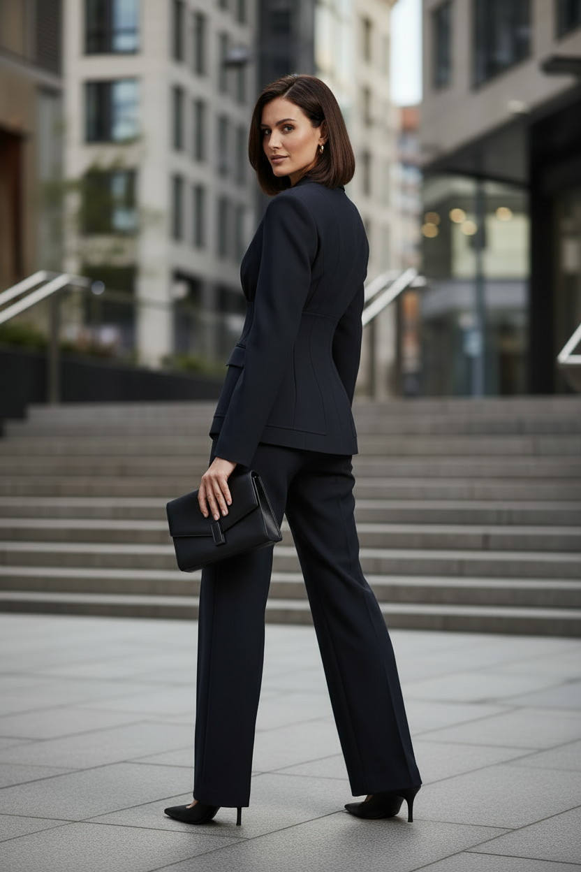 A woman stands on outdoor city steps wearing a tailored black tailored suit with a structured blazer and wide-leg trousers, holding a black clutch.